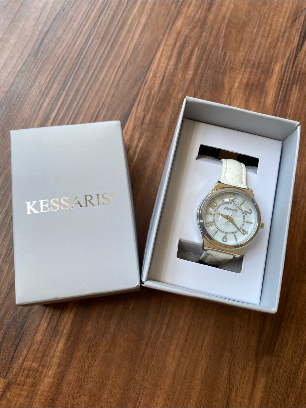 Kessaris Women's White Leather Strap Watch